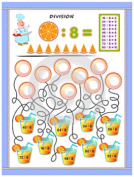 Exercises for kids with division table by number 8. Solve examples and write answers on bubbles.