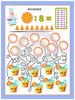 Exercises for kids with division table by number 8. Solve examples and write answers on bubbles. photo
