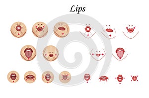 Exercises for lips training female beauty. Mimicry. Isolated on white background