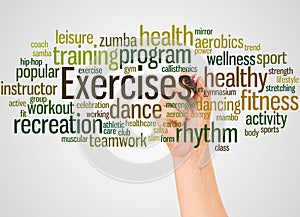 Exercises word cloud and hand with marker concept