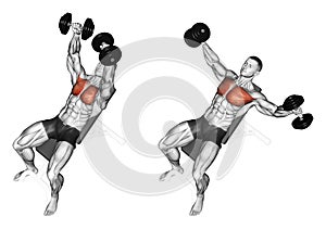 Exercising. Breeding dumbbells lying on an incline