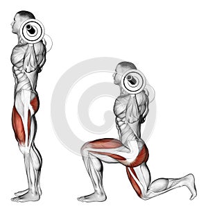 Exercising. Lunges with a barbell on your shoulder