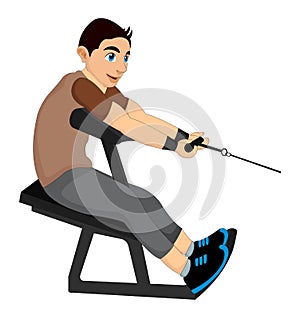 Exercising, man pulling weights, illustration