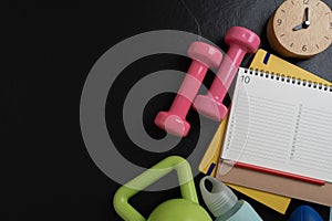 exercising sport equipment on the table background, healthy and workout concept