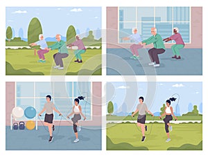 Exercising together flat color vector illustration set