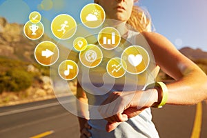 Exercising Woman Checking Activity Tracker With Health Icons