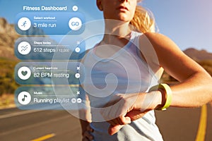 Exercising Woman Checking Notifications On Health Tracker
