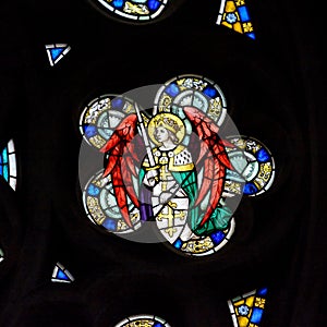 Stained Glass in Exeter Cathedral, West Window Tracery Light Close up H