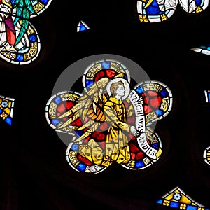 Stained Glass in Exeter Cathedral, West Window Tracery Light Close up E