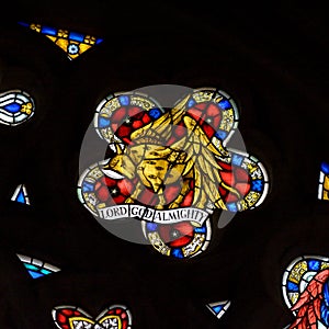 Stained Glass in Exeter Cathedral, West Window Tracery Light Close up J