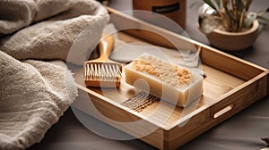 Exfoliating Skin Brush And Natural Soaps On Bamboo Mat