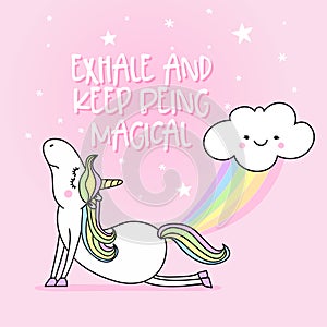 Exhale and keep being magical - funny vector quotes and unicorn drawing. photo