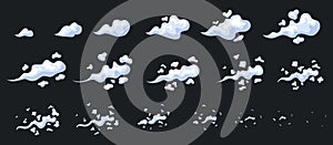 Exhaust animation. Animate smoke cloud, cartoon dust 2d animated effect for game, frame sprite sheet motion steam photo