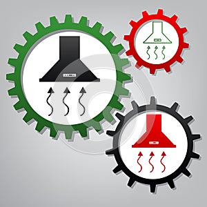 Exhaust hood. Range hood. Kitchen ventilation sign. Vector. Three connected gears with icons at grayish background.. Illustration.