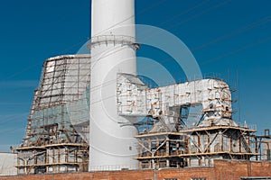 Exhaust old ventilation industrial system of chimney and cooling tower factory steam smoke pipe