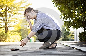 Exhausted asian woman suffer from headache,migraine,tired female people having vertigo,feel dizzy,fatigue,fainted while stooping