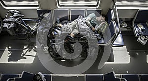 Exhausted astronaut in spacecraft interior