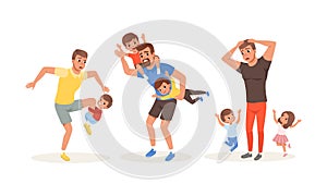 Exhausted Dad and Hyperactive Child Claiming Attention Vector Illustration Set