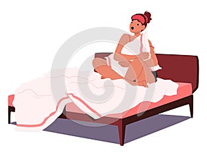 Exhausted And Drained Woman Character Sitting In Bed, Shadows Of Weariness Etched On Her Face, Vector Illustration