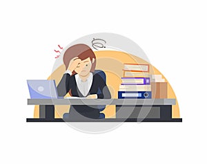 Exhausted female office worker, manager or clerk sitting at desk with full of documents, corporate woman stressed working overtime