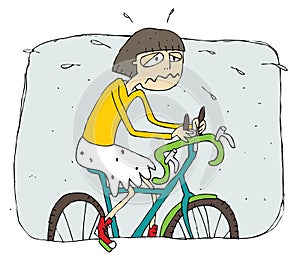 Exhausted girl riding a bike cartoon