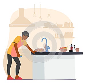 Exhausted Housewife In A Cluttered Kitchen, Surrounded By Chores. Fatigued From Endless Housework, Vector