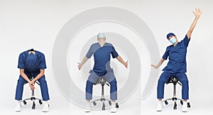 Exhausted male medical professional stretching sitting on mobile saddle