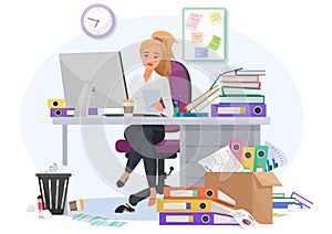 Exhausted overwhelmed by work young female employee stays late at work in the office. Tired by workload woman with a lot