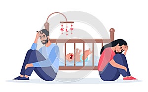 Exhausted parents at the crib with crying baby. Sad woman sitting on the floor, crying and hugging her knees. Tired father with