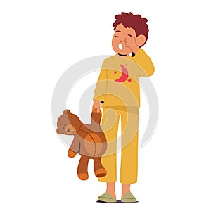 Exhausted, Sleepy Kid Yawns Widely, Eyes Drooping With Weariness, Clutching A Teddy Bear For Comfort Vector Illustration