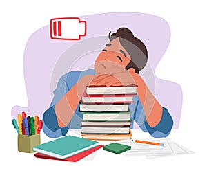 Exhausted Student Sprawls Over A Heap Of Books, Embracing Sleep Amidst The Knowledge, Cartoon Vector Illustration