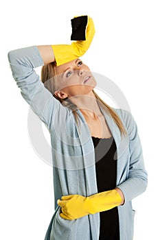 Exhausted woman after cleaning routine