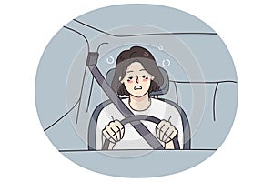 Exhausted woman driving car feeling unwell