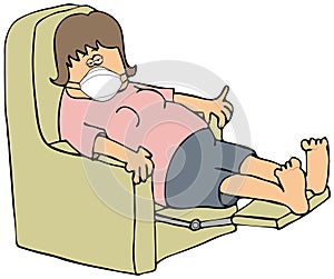 Exhausted woman in a recliner wearing a face mask