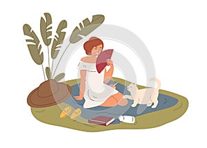 Exhausted woman resting in nature and fanning herself in hot summer. Person with cat relaxing outdoors, escaping heat