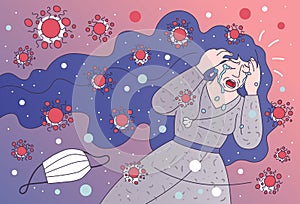 Exhausted woman runs from evil COVID-19 germs. Coronavirus anxiety, COVID panic, pandemic fear - vector illustration