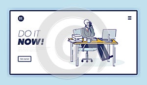 Exhausted worker at workplace concept. Template landing page with skeleton business man