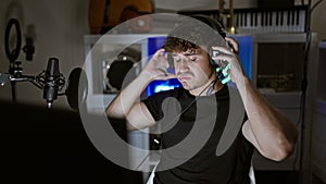 Exhausted young hispanic man stressfully taking off headphones after intense gaming stream in dark room, overworked streamer