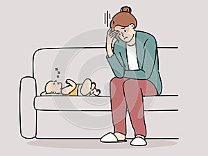 Exhausted young mother struggle with motherhood