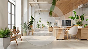 Exhibit of corporate responsibility with minimalist office decked in bamboo furniture, using recycled paper products photo