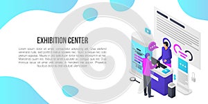 Exhibition center showroom concept banner, isometric style