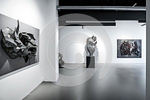 Exhibition of contemporary art. Museum gallery.