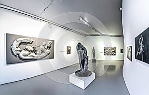 Exhibition of contemporary art. Museum gallery.