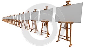 Exhibition of easels with blank canvas