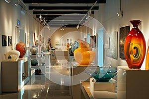 Exhibition of exotic glass-blown pieces displayed in a well-lit gallery with reflective floors