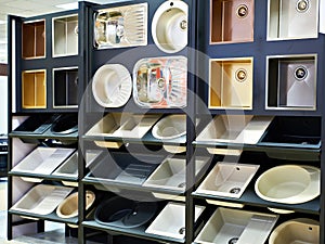 Exhibition of kitchen sinks in store