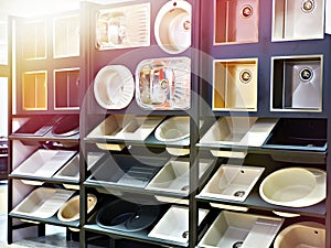 Exhibition of kitchen sinks in store