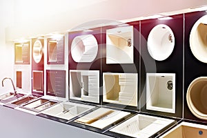 Exhibition of kitchen sinks in store