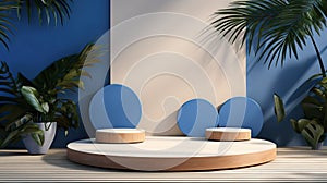 Exhibition podium for a variety of goods in Wite, Azure, blue colors against a tropical background AI Generated