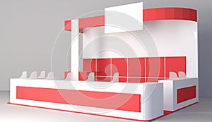 Exhibition red stand, 3D rendering visualization of exhibition equipment, Advertising space on a white background